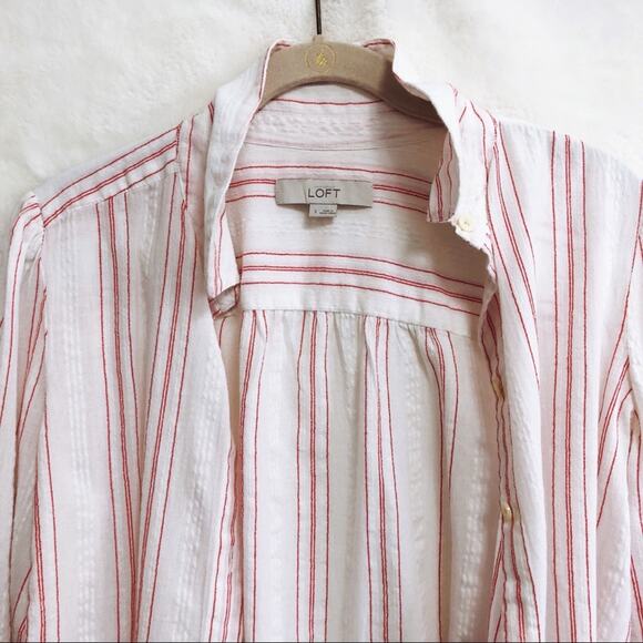 LOFT Red & White Striped Long Sleeve Button Shirt - Picture 2 of 8